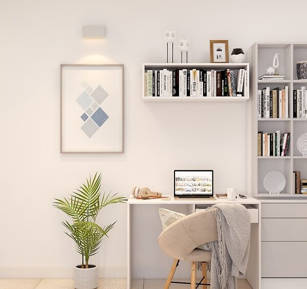Corner study table design for bedroom with wall shelves 600x564